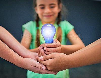 Buy stock photo Education, teamwork and lightbulb with children in studio for inspiration, learning and future. Problem solving, knowledge and innovation with hands of students on background for electricity energy