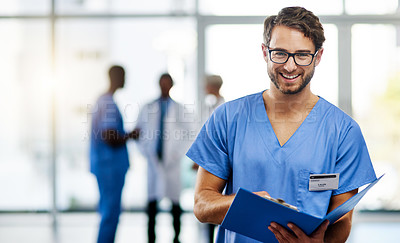 Buy stock photo Doctor, medical professional and worker reading from a file, folder or form while working at a hospital. Portrait of a nurse or surgeon checking information, filling in paperwork and holding a report