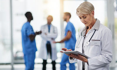 Buy stock photo Shot of a mature doctor using a digital tablet with her colleagues in the background