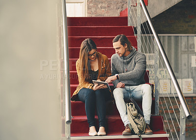 Buy stock photo Tablet, friends and students study on stairs for learning course, info and education. Technology, man and woman in college on steps at university to prepare for exam, test or help to research project