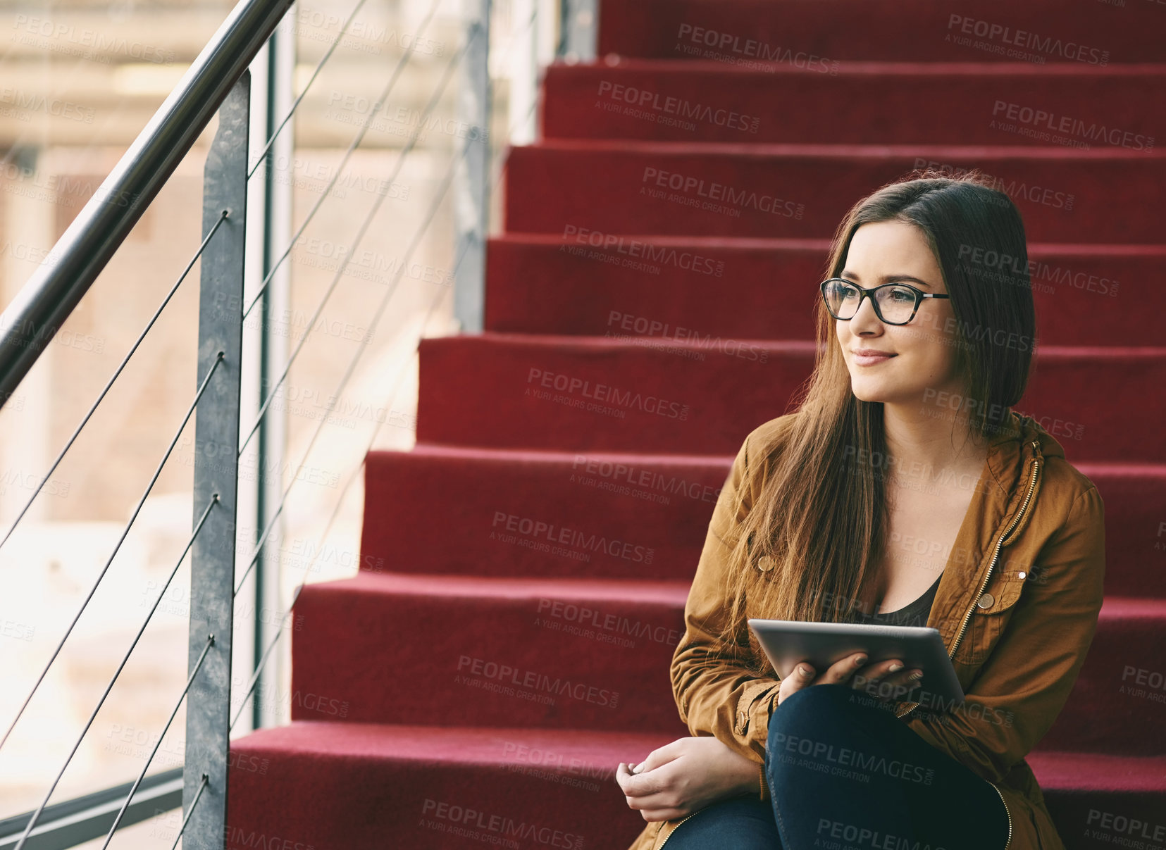 Buy stock photo Girl, student and relax on steps with tablet for academic online assessment, research and study for assignment. Thinking, happy and internet in university campus for education, information or project