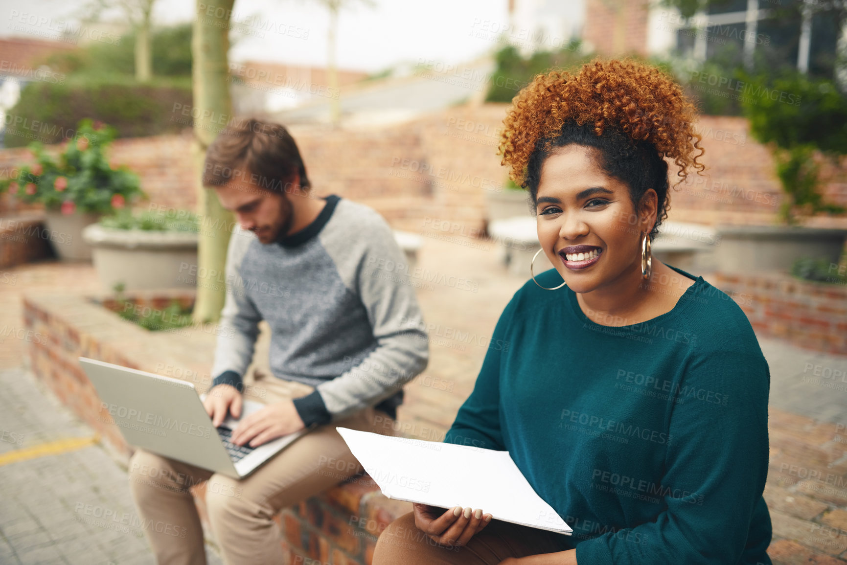 Buy stock photo Students, girl and outdoor with paperwork or laptop for academic work, research and study for assignment. Friends, happy and online in university garden for education, learning knowledge and academy.