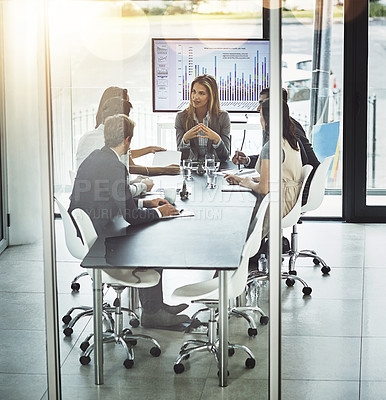 Buy stock photo Business, presentation and people in office for meeting, planning, and problem solving discussion. Finance, collaboration and woman leader with team in a boardroom for sharing vision, growth and idea