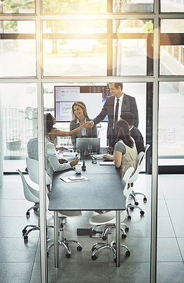 Buy stock photo Business people, partnership and b2b handshake in office for collaboration, trust and startup deal. Businessman, shaking hands and team in a boardroom for meeting, integration and thank you gesture
