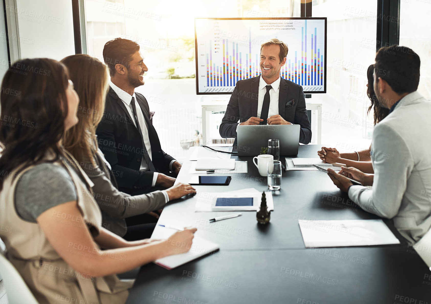 Buy stock photo Business meeting, team and presentation with data on screen for hr metrics review, insights and planning. People, talking and human resource analytics for employee performance and profit management.