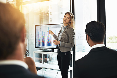 Buy stock photo Shot of a businesswoman delivering a presentation to coworkers in the boardroom