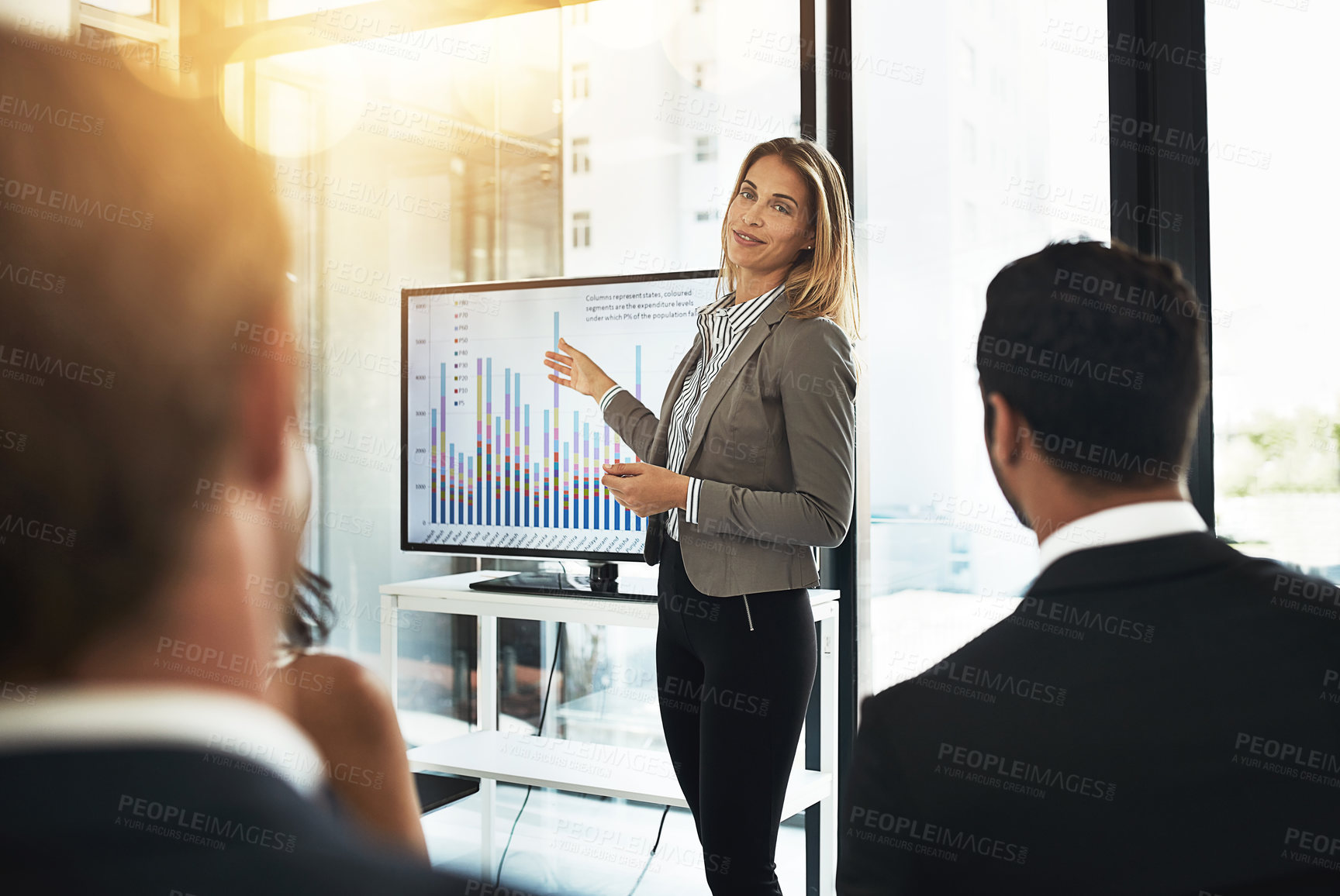 Buy stock photo Business, woman and presentation with graphs on screen for user personas, customer insights and feedback or income level. People, analytics and speaking of client demographics and product management.