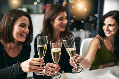 Buy stock photo Celebration, friends and dinner toast at restaurant for togetherness, happiness and wellness with smile. Alcohol, dining and cheers of women drinking together to celebrate happy friendship. 

