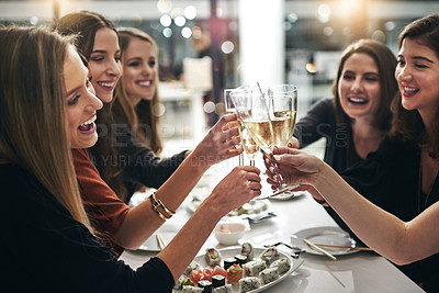 Buy stock photo Restaurant, happy and friends toast celebration at gathering for bonding, wellness and care. Cheers, reunion and happiness of women friendship group together with sushi, champagne and smile.