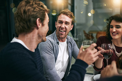 Buy stock photo Laughing men, woman and wine glass toast in house, home or luxury restaurant for New Year, birthday party or celebration event. Smile, happy and bonding friends with alcohol drinks in success cheers