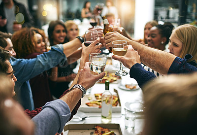 Buy stock photo Dinner, toast and friends at restaurant for party celebration, social gathering and new years eve holiday. Alcohol, Christmas party and group of men and women cheers at dinner party with cocktails