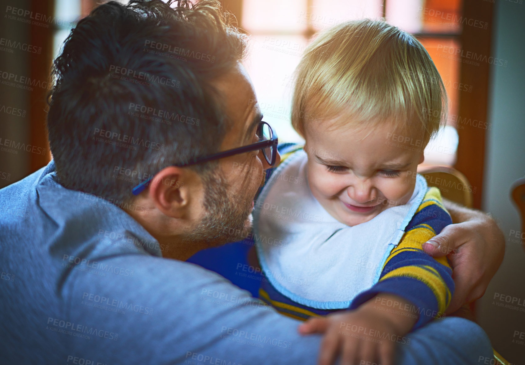 Buy stock photo Happy father, hug and playing with baby for bonding, holiday or weekend of single parenting at home. Dad, son and young toddler with smile for playful day, morning or eating time together at house