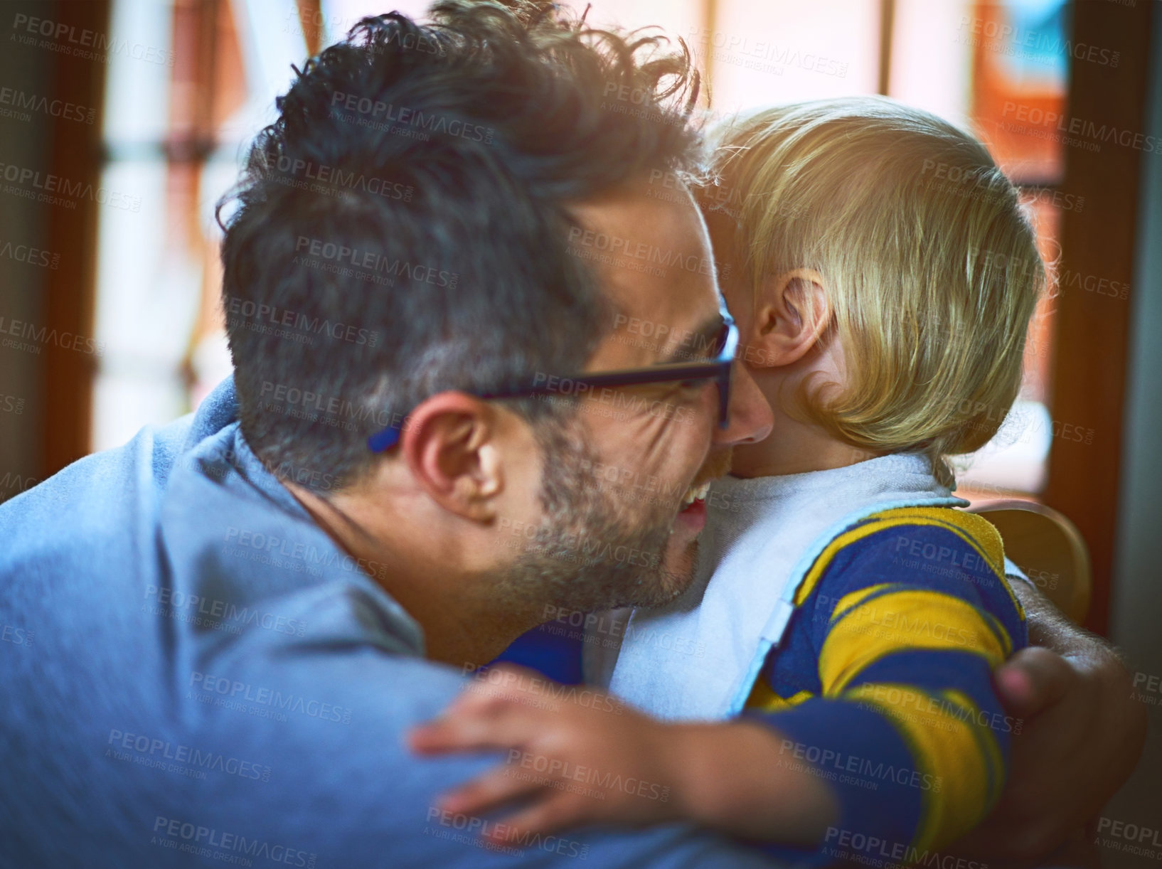 Buy stock photo Happy man, child and embrace in morning routine for bonding, love and support in home. Male person, little boy and hug as family in living room for affection, growth and development as single parent