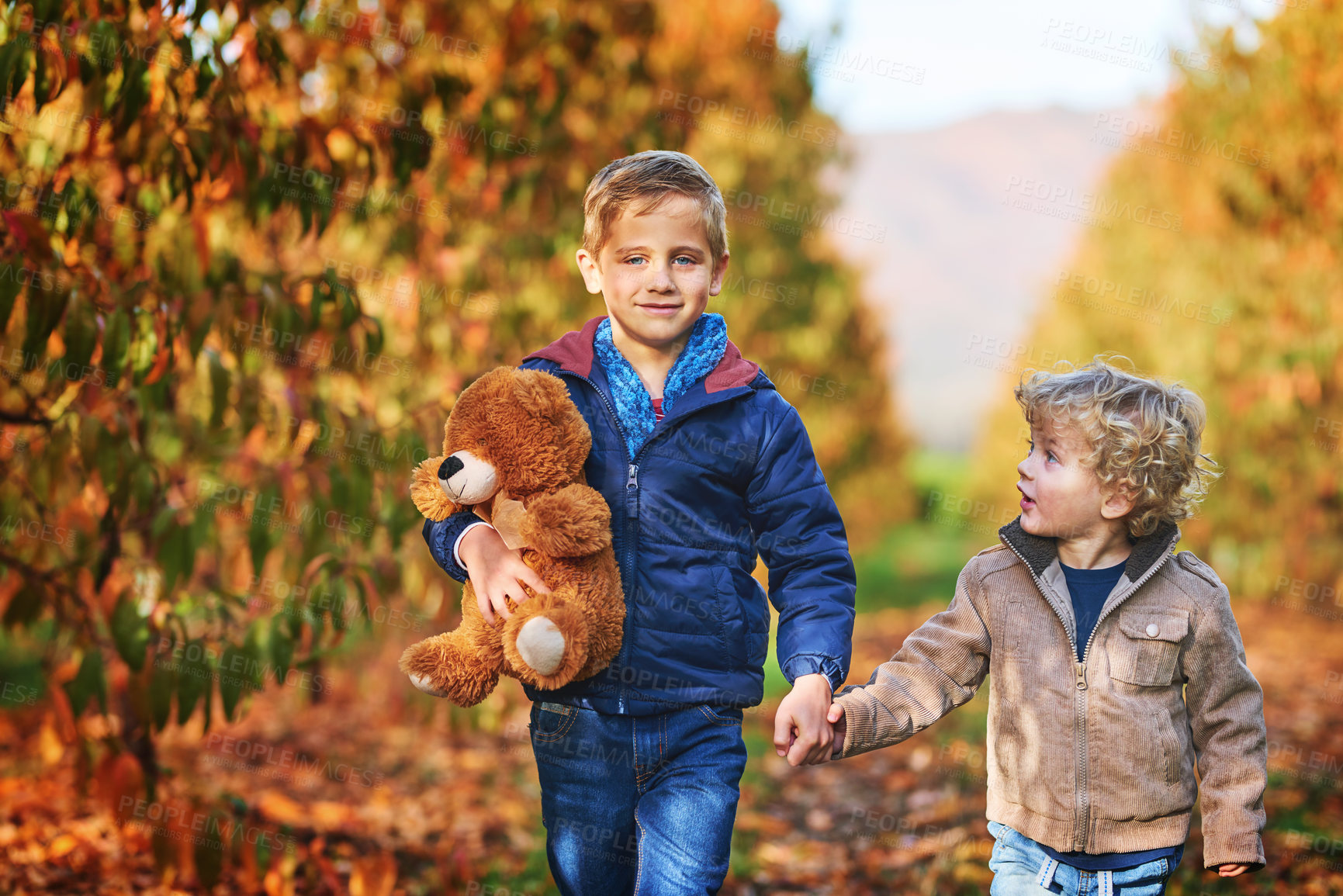 Buy stock photo Cropped shot of an adorable little boy walking hand in hand with his older brother outdoors during autumn