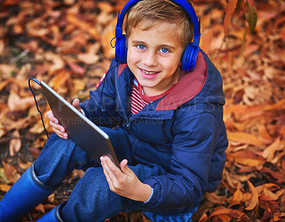 Buy stock photo High angle portrait of an adorable little boy using a tablet while sitting outdoors during autumn