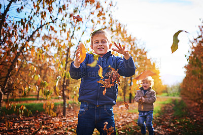 Buy stock photo Cropped portrait of an adorable little boy playing with his brother outdoors during autumn