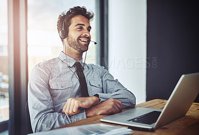 Buy stock photo Man, call center and laptop for listening in office, help desk or talking for telemarketing job. Consultant, agent and crm with customer service, tech support or telecom with headphones, mic and job