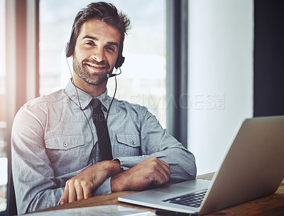 Buy stock photo Businessman, laptop and portrait smile in call center, customer support or financial advice at office. Friendly man person or consultant agent with headphones for online consulting help at workplace