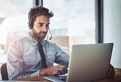 Buy stock photo Man, call center and listen with laptop in office, help desk or talking for telemarketing job. Consultant, agent and crm with customer service, tech support and telecom with headphones, mic and sales