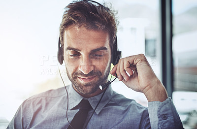 Buy stock photo Man, call center and microphone to listen in office, help desk or talking for telemarketing job. Consultant, agent and crm with customer service, tech support or telecom with headphones, mic and job