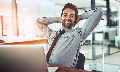 Buy stock photo Businessman, relax and portrait smile on break for stretching, positive mindset or completion at office. Happy man person or employee relaxing and smiling with hands behind head for mental health