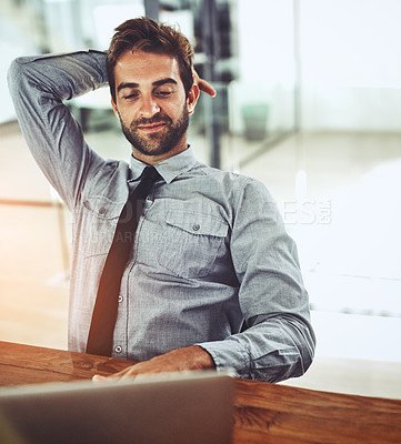 Buy stock photo Relax, thinking and man in office with laptop, smile and planning online project for business ideas. Calm, ideas and happy businessman at desk with computer, research and problem solving in workplace
