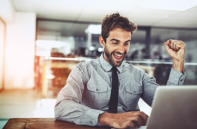 Buy stock photo Business man, fist and celebration with laptop, winning or promotion at startup with excited face. Young businessman, winner and celebrate with computer, bonus or profit on investment on stock market