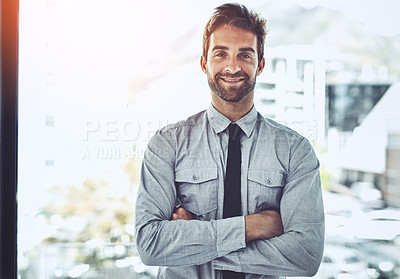 Buy stock photo Business man, portrait and confident architect in office, developer and pride for company startup. Happy male person, professional and smile for career opportunity, entrepreneur and arms crossed