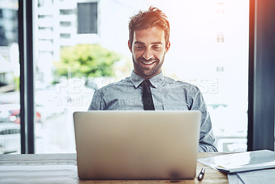 Buy stock photo Business man, smile and laptop work of an auditor in a office with happiness. Company, male employee online and worker working and planning on a computer with internet and finance email at desk
