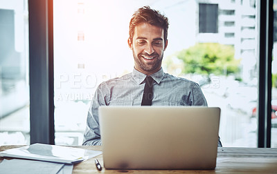 Buy stock photo Business man, happiness and laptop writing of a insurance agent in a office online. Agency work, male employee and worker working and planning on a computer with internet and job email at desk