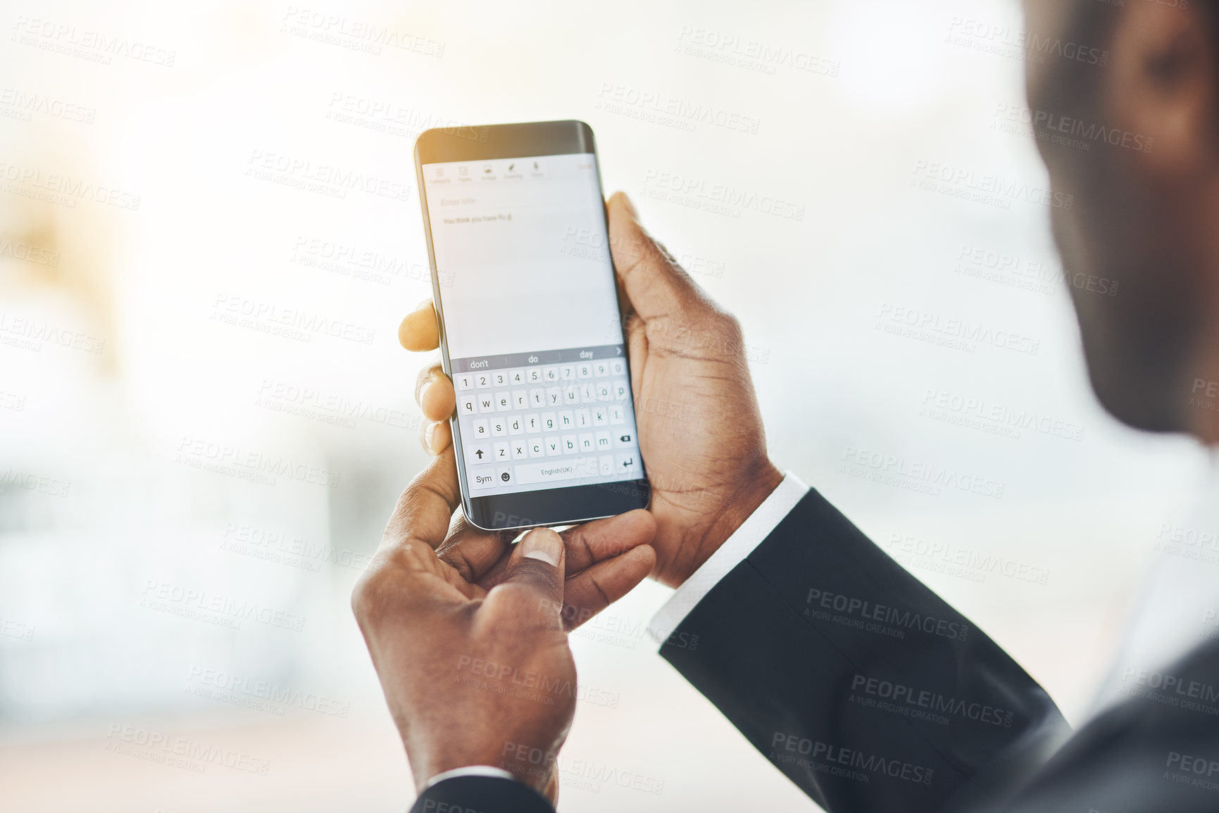 Buy stock photo Businessman, hands and notes with phone screen for reminder, agenda or memo at office. Closeup of employee texting, browsing or chatting on mobile smartphone, display or keypad for memory or schedule