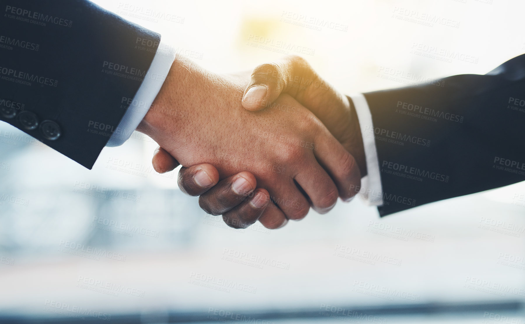 Buy stock photo Handshake, deal and business people in office with partnership for collaboration, B2B agreement or meeting. Closeup, welcome and employees shaking hands for onboarding, opportunity or recruitment