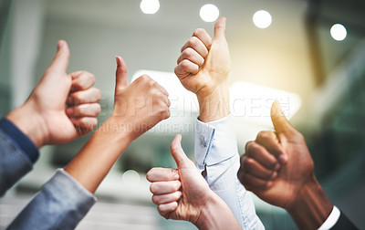 Buy stock photo Thumbs up, success and winner with hands of business people in office for agreement, yes and teamwork. Emoji, support and community with group of employees for goals, thank you and motivation