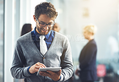 Buy stock photo Businessman, tablet and busy for career, company as web developer in digital agency. Male person, tech and positive with confidence in office for communication, growth or project in brand design