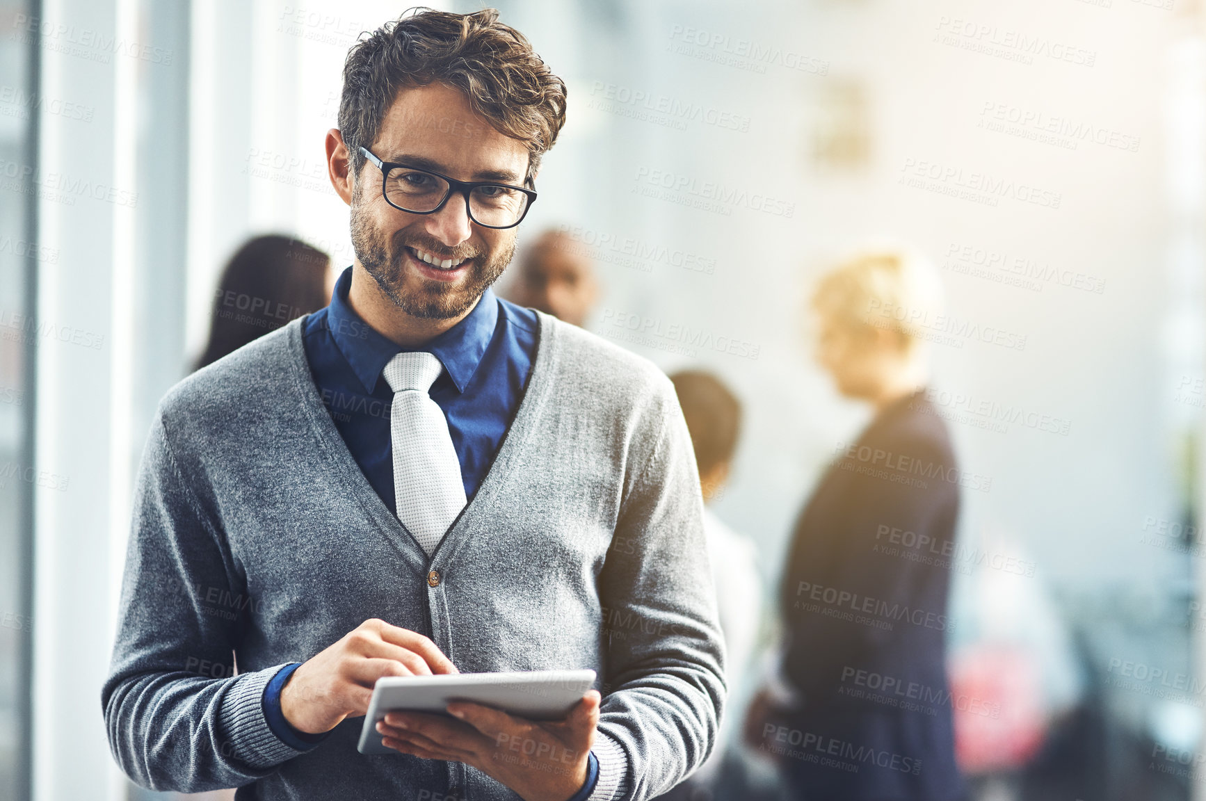 Buy stock photo Businessman, tablet and portrait for news in company as web developer in digital agency. Male person, tech and positive with confidence in office for communication, growth or project in brand design