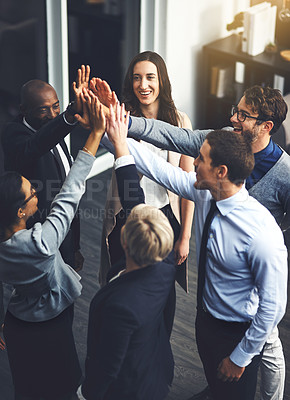 Buy stock photo Teamwork, high five and support with business people in office for success, winner and motivation. Collaboration, diversity and community with group of employees for solidarity, target and goals