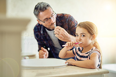 Buy stock photo Portrait of child, father and brushing teeth in bathroom, bonding and cleaning together. Dad, girl and toothbrush for dental hygiene, oral wellness or health for family care, teaching and learning.