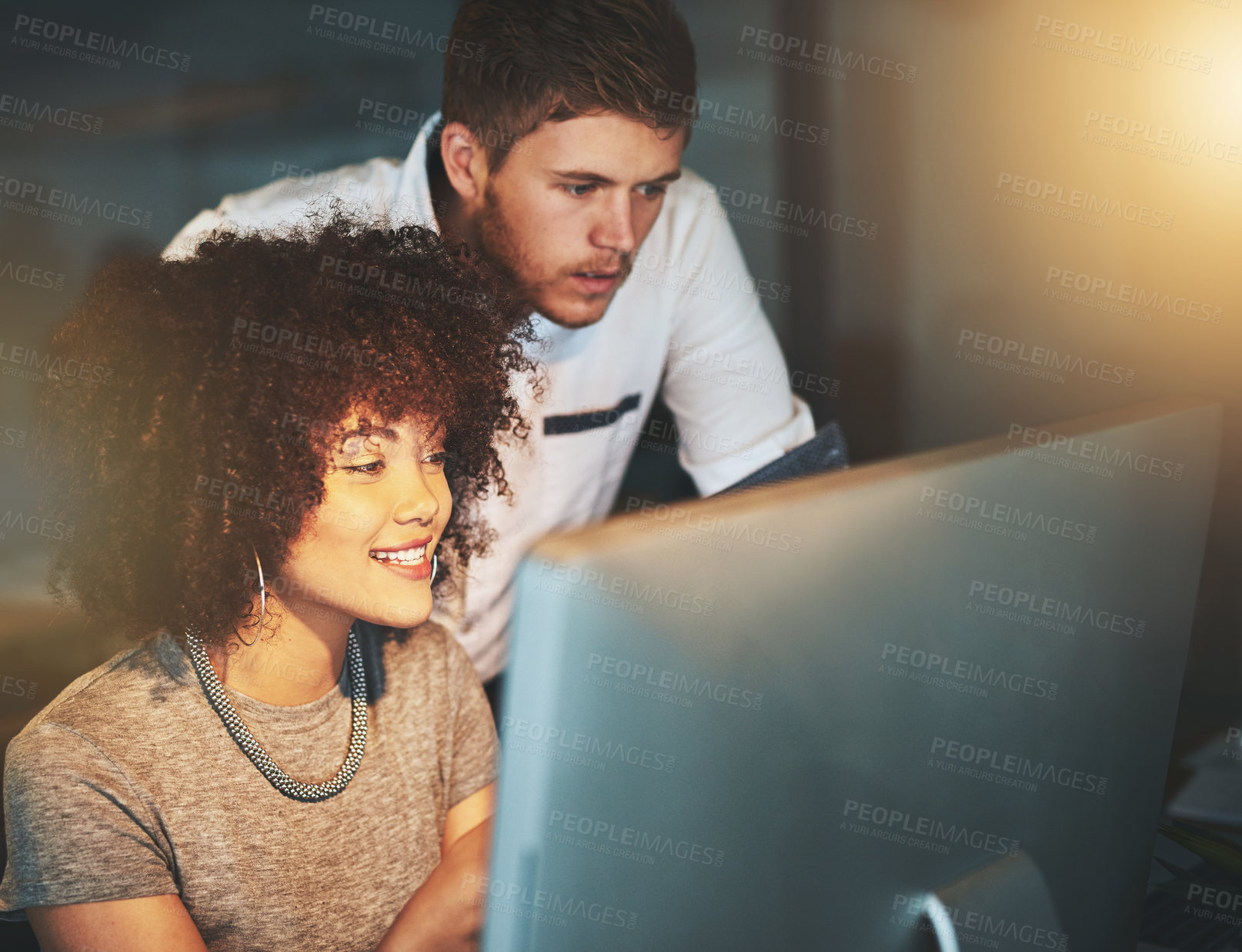 Buy stock photo Business, woman and partner on computer at night office for information, research and teamwork for project management. Smile, people and pc with planning, support and overtime for proposal solution