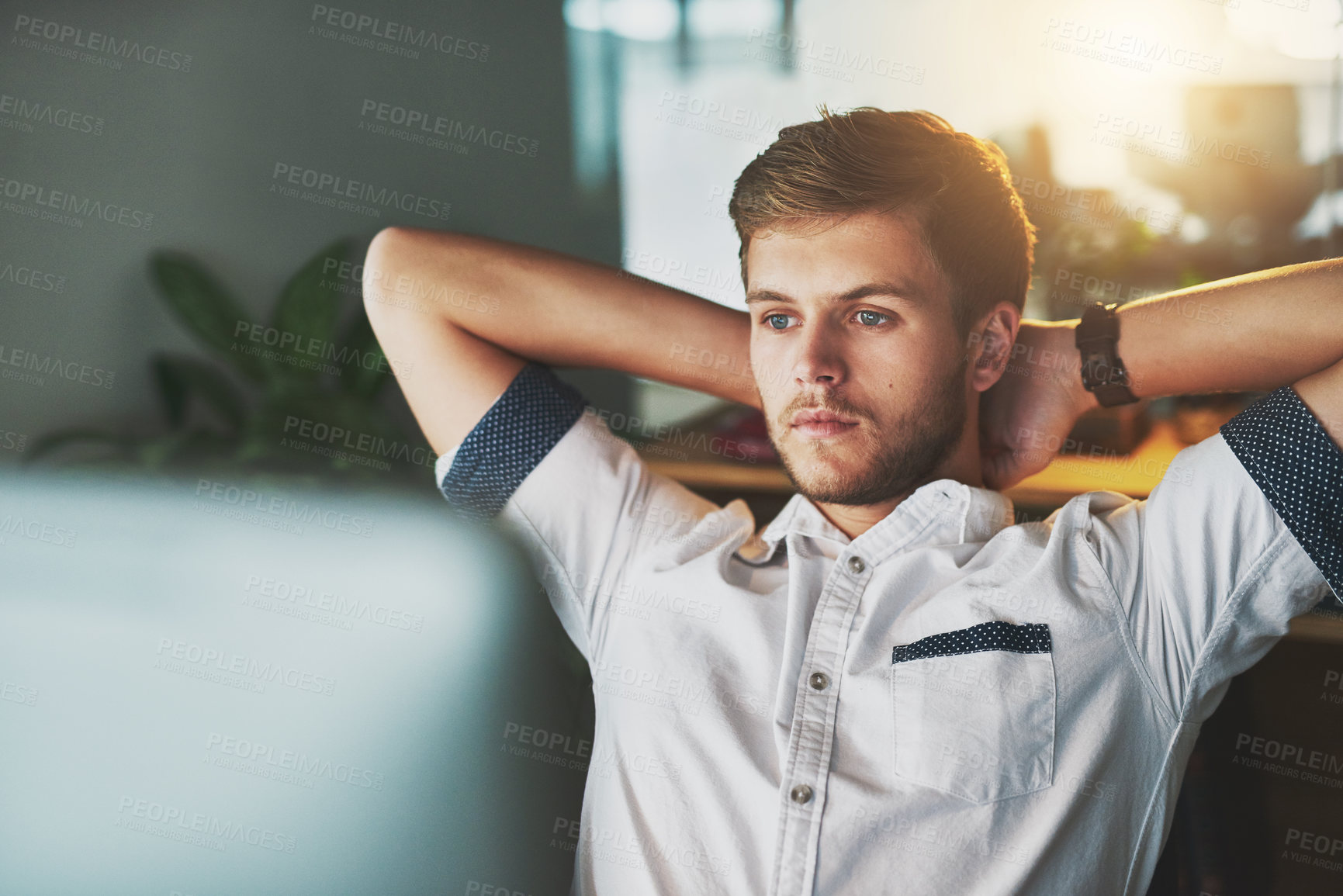 Buy stock photo Man, computer and night in office for break, research and web designer for proposal. Male person, thinking and networking or website for online tasks, project management and relax on late shift