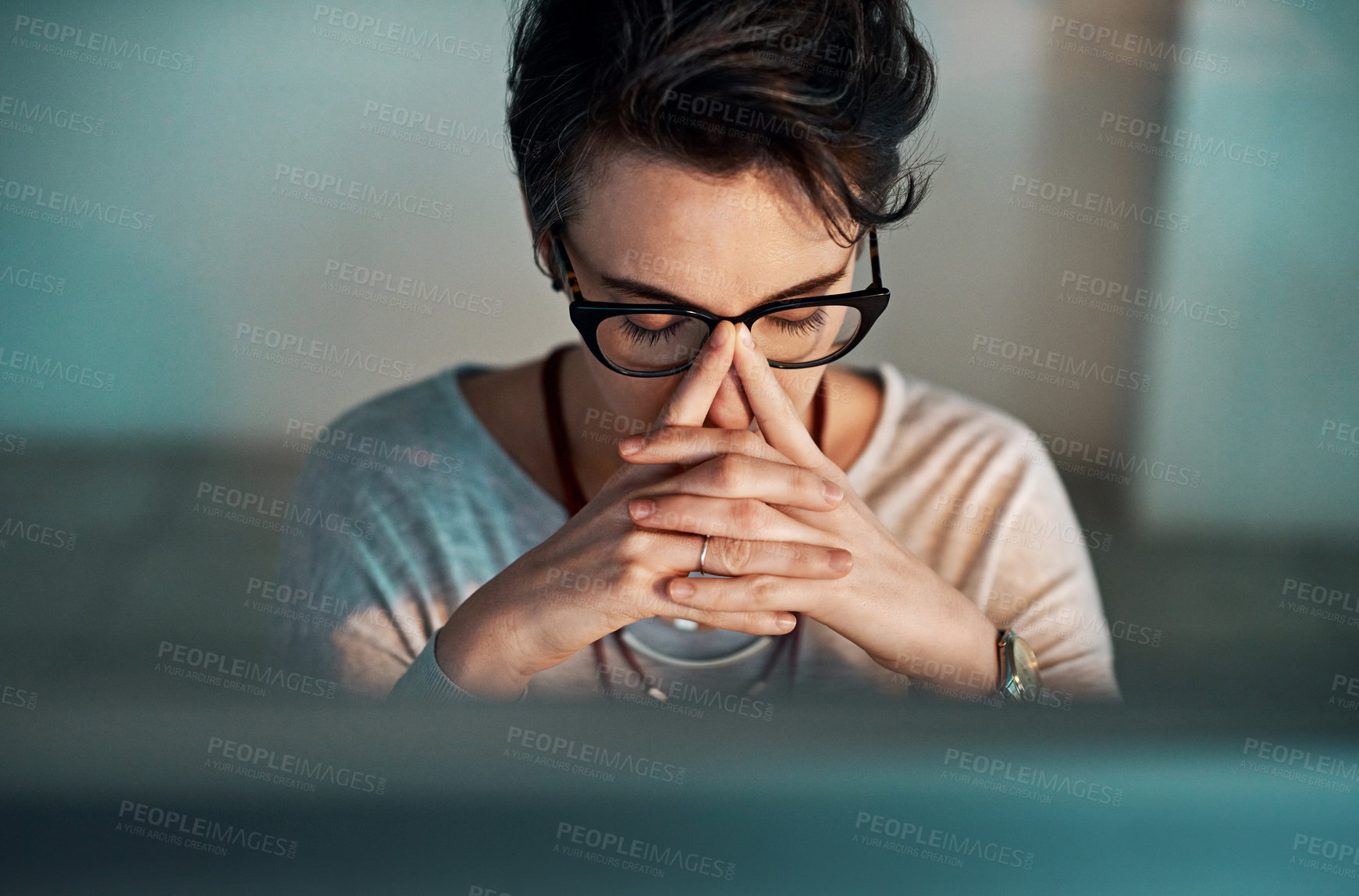 Buy stock photo Woman, headache and laptop in night at office with stress, deadline and burnout for copywriting job. Person, writer and editor with pain, fatigue and tired by computer in workplace at creative agency