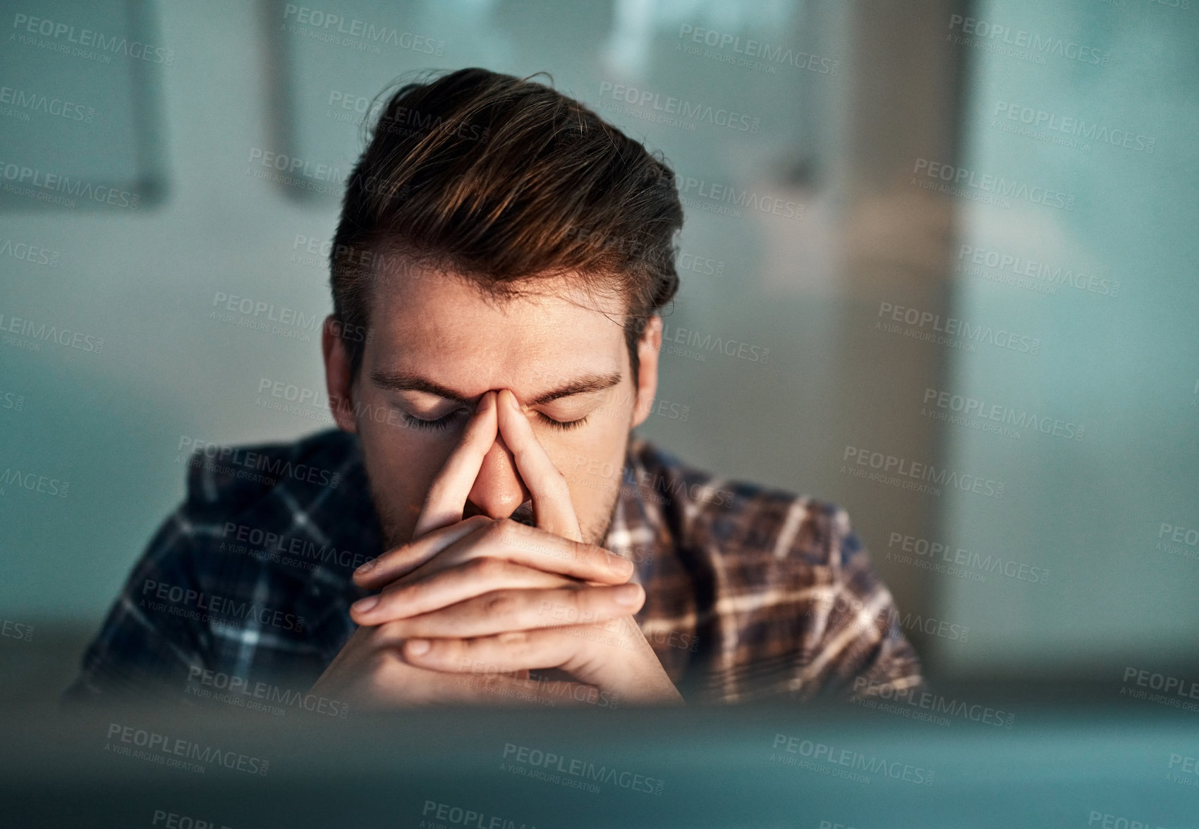 Buy stock photo Man, headache and stress in night at office with computer, deadline and burnout at copywriting company. Person, writer and editor with pain, fatigue and tired by pc in workplace at creative agency