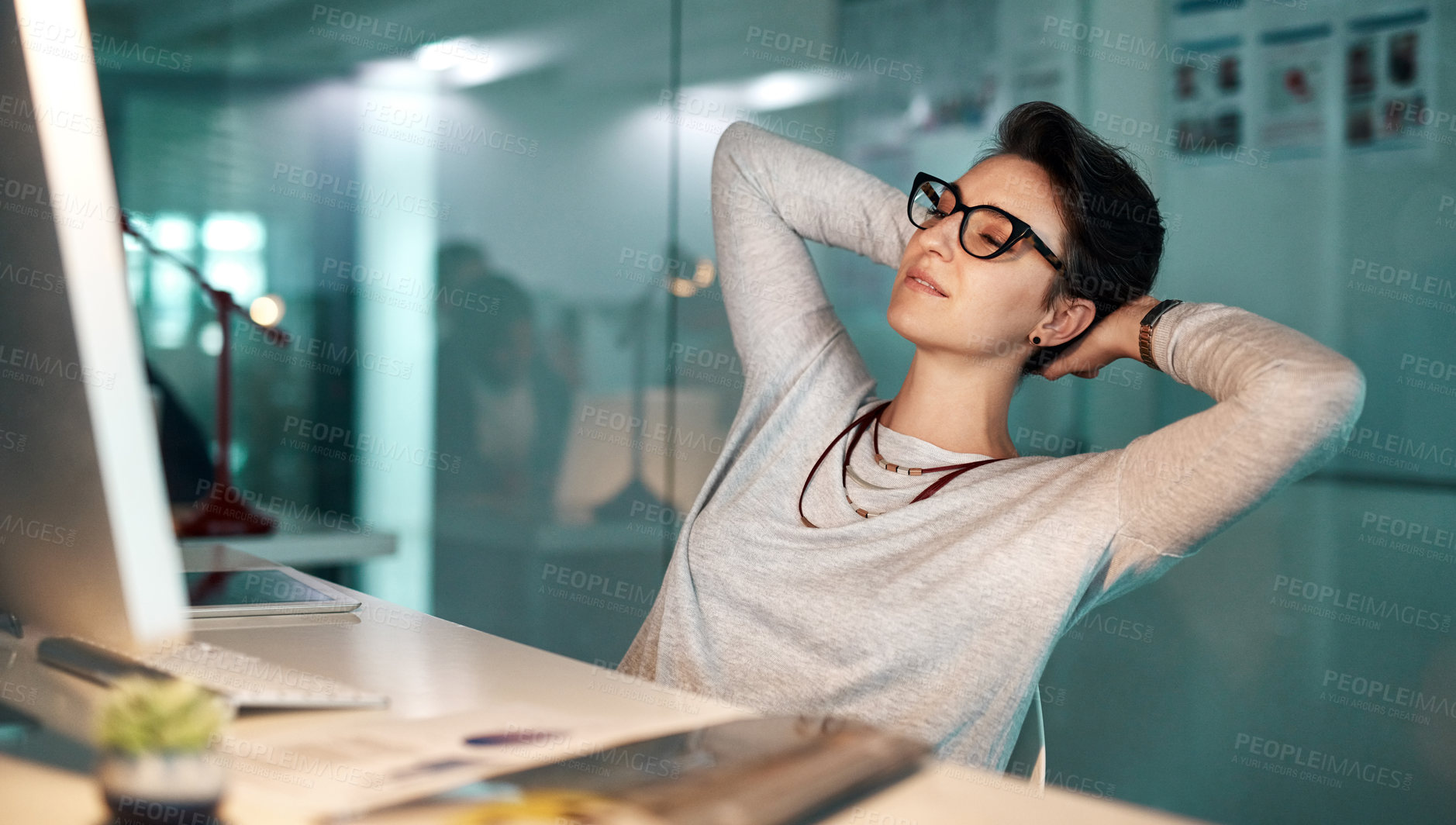 Buy stock photo Business woman, computer and finished with work deadline, project and relax break. Female person, employee and stretching after task achievement, job well done and efficiency and productivity