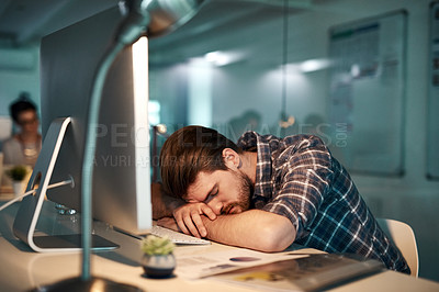 Buy stock photo Man, sleeping and computer in night at office with rest, deadline and burnout at copywriting startup. Person, writer and editor with fatigue, overworked tired by pc in workplace at creative agency