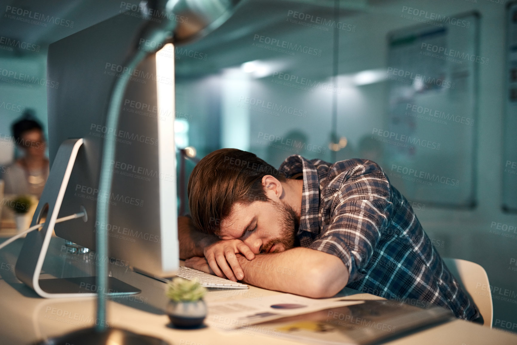 Buy stock photo Man, sleeping and computer in night at office with rest, deadline and burnout at copywriting startup. Person, writer and editor with fatigue, overworked tired by pc in workplace at creative agency