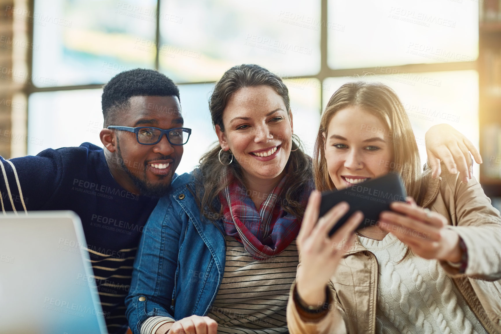 Buy stock photo People, students and smile with selfie on university for photography, social media post and bonding together. Diversity, friends and profile picture update, education study support and college memory