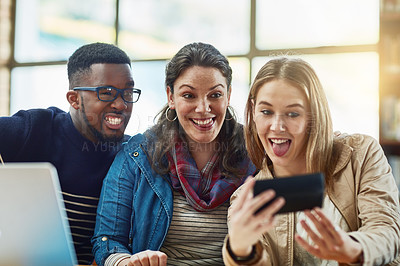 Buy stock photo People, students and goofy with selfie on university for photography, social media post and bonding together. Diversity, friends and profile picture update, education study support and college memory