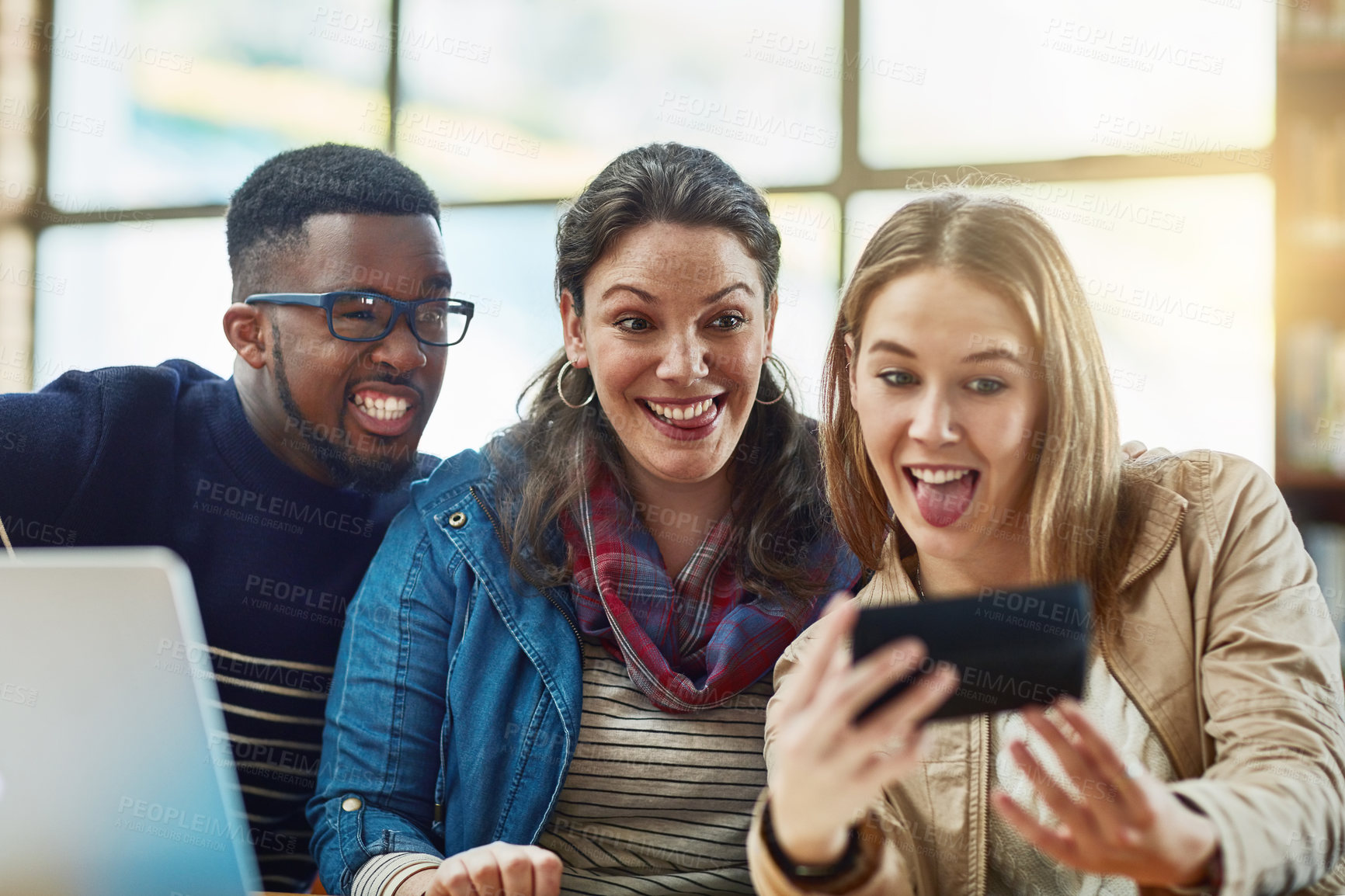 Buy stock photo People, students and goofy with selfie on university for photography, social media post and bonding together. Diversity, friends and profile picture update, education study support and college memory