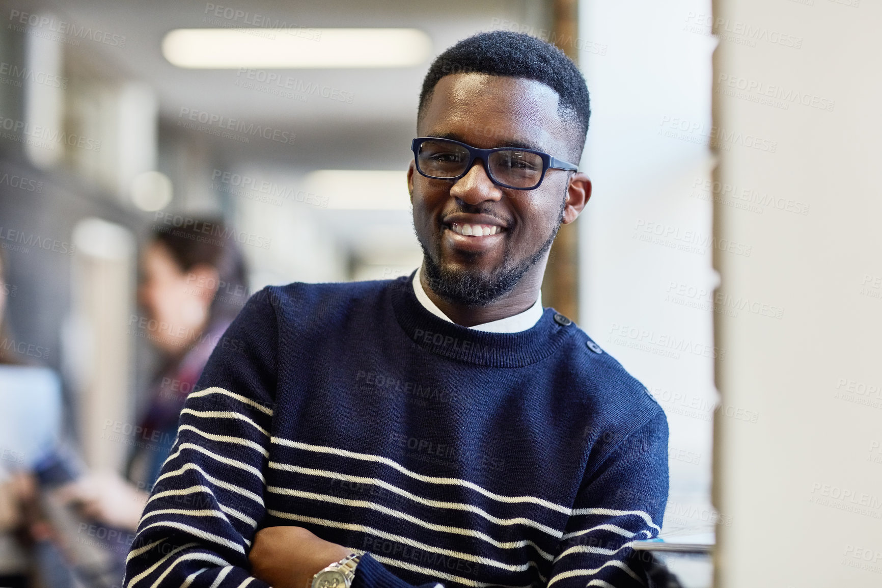 Buy stock photo Portrait, hallway and man with glasses, education and proud of scholarship for college and learning. Corridor, university student and vision for knowledge, arms crossed and black person in campus