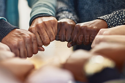 Buy stock photo Students, hands and people in fist bump for education, knowledge or test preparation in college. University, friends and huddle with support for help, project collaboration and scholarship teamwork