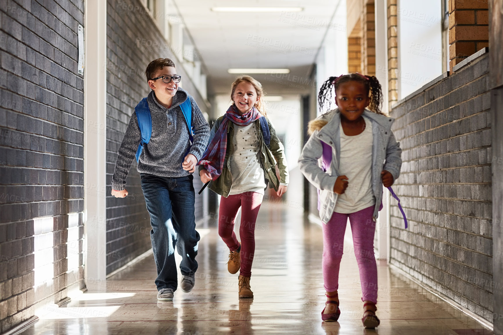 Buy stock photo School, running and children in hallway in morning ready for education, classes and learning. Academy, happy friends and young students in corridor on campus for knowledge, development and lesson